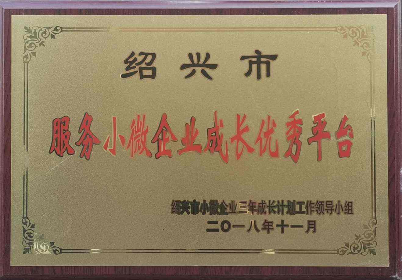 绍兴市服务小微企业成长优秀平台-铜牌